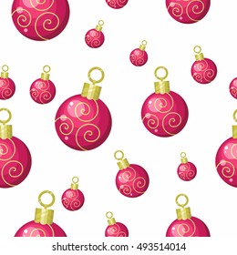 Christmas toys vector seamless pattern. Red balls to decorate Christmas tree on winter holidays on white background. Flat design. For gift wrapping, greeting cards, invitations, printings design