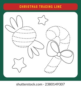 Christmas tracing line worksheet for kids. Winter educational children game. Preschool Tracing for toddlers with cute object Christmas.