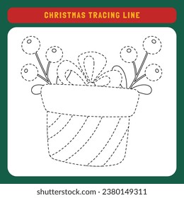 Christmas tracing line worksheet for kids. Winter educational children game. Preschool Tracing for toddlers with cute object Christmas.