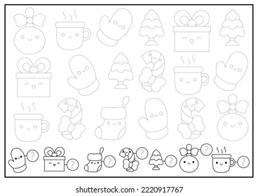 Christmas tracing worksheet with traditional holiday characters. Trace and count activity. Educational math, spy and drawing game. Winter holiday coloring page with present, candy cane, stocking
