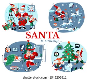 Christmas tradition flat vector illustrations set. Santa Claus, elves and happy children cartoon characters. Presents, gifts delivery, xmas night. Winter season holiday celebration. New year eve