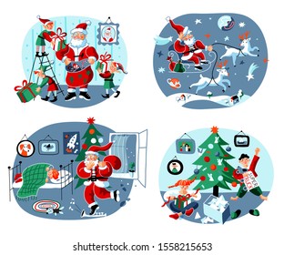 Christmas tradition flat vector illustrations set. Santa Claus, elves and happy children cartoon characters. Presents, gifts delivery, xmas night. Winter season holiday celebration. New year eve