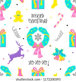 Christmas tradition holiday elements in doodle style. Xmas / New Year cartoon seamless pattern. Simple vector design can be used for greeting card, banner, flyer, wrapping, fabric texture, book print