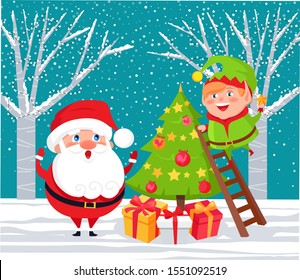 Christmas tradition of pine tree decoration. Santa Claus and elf standing by spruce with garlands, baubles and present. Winter landscape of forest with snowing weather. Xmas personages in woods vector