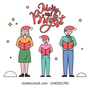 Christmas tradition of singing songs on christmas vector, father and mother with kid caroling. Greeting card with calligraphic inscription. Postcard with parents and kid performing traditional carols