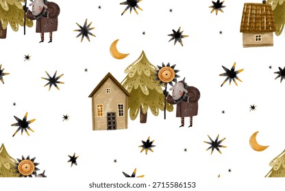 Natal tradição Natal na Ucrânia padrão sem emenda.  Ilustração de desenho animado de Natal. Slavik Malanka Kolyadka Carols ilustração desenhada à mão sobre fundo isolado. Vetor ucraniano