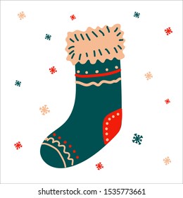 Christmas traditional boot for gifts in scandinavian hand drawn style with lettering. Vector illustration, one simple bright object, square format. Suitable for social media.