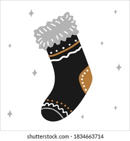 Christmas traditional boot for gifts in scandinavian hand drawn style in gold, silver, black colors. Vector illustration, one simple object, square format. Suitable for social media.