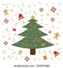 Christmas traditional celebrating decoration items. 
Christmas tree decoration items in golden and red color.
