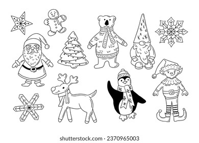 Christmas traditional characters doodle set. Sketch hand drawn outline design Christmas for coloring pages, stickers, pattern. Black Santa, reindeer, penguin, gnome, elf, polar bear, gingerbread man