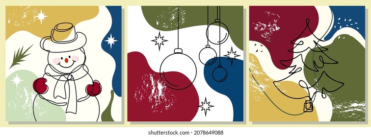 Christmas traditional colors, black outlines of balls, Christmas tree, Snowman,  New Year 2022. Year of the bull. Drawing one line art, various shapes, stripes. for printing on card, postcard