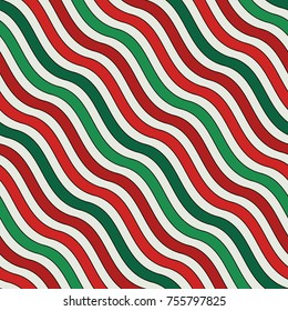 Christmas traditional colors diagonal wavy stripes seamless pattern. Repeated lines wallpaper. Abstract background with classic ornament. Digital paper, textile print, page fill. Vector illustration