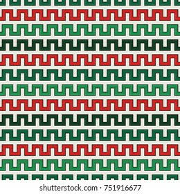 Christmas traditional colors seamless pattern with battlement curved lines. Repeated geometric figures wallpaper. Modern style surface texture. Digital paper, textile print, page fill. Vector art