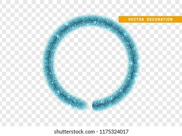 Christmas traditional decorations, blue lush tinsel. Xmas circle wreath garland, isolated realistic decor element