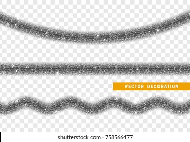 Christmas traditional decorations dark silver lush tinsel. Xmas ribbon garland isolated realistic decor element
