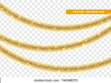 Christmas Traditional Decorations Golden Tinsel. Xmas Ribbon Garland Isolated Realistic Decor Element