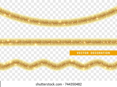 Christmas traditional decorations golden tinsel. Xmas ribbon garland isolated realistic decor element