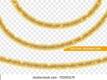 Christmas traditional decorations golden tinsel. Xmas ribbon garland isolated realistic decor element. vector illustration 