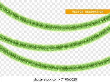 Christmas traditional decorations green lush tinsel. Xmas ribbon garland isolated realistic decor element