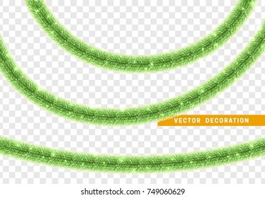 Christmas traditional decorations green lush tinsel. Xmas ribbon garland isolated realistic decor element