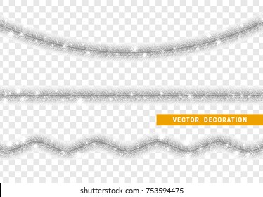 Christmas traditional decorations silver tinsel. Xmas ribbon garland isolated realistic decor element