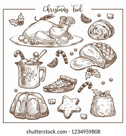 Menú vectorial de cena tradicional navideño conjunto de platos.
