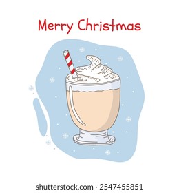 Natal tradicional bebida eggnog em um copo de vidro em uma haste com um pirulito vara em um vetor. Para a concepção de postais, convites, menus