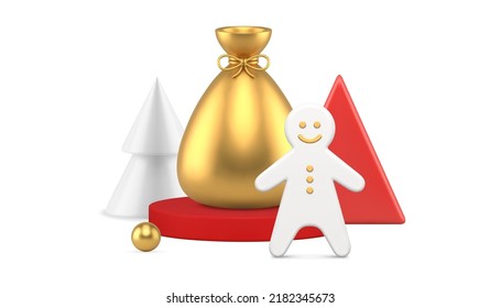 Christmas traditional festive composition gingerbread man Santa Claus sack on podium realistic 3d icon vector illustration. Xmas decorative elements spruce golden ball toy triangle geometric shape