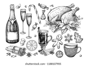 Christmas traditional food and drink set. Holiday treats vector drawing. New Year festive sweets. Mulled wine, turkey, champagne, gingerbread cookie, candy and spices. Hand drawn dinner icons