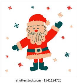 Christmas traditional funny cartoon character Santa Claus welcomes with raised hand on a white background with snowflakes. Vector illustration, in scandinavian hand drawn style, square format.