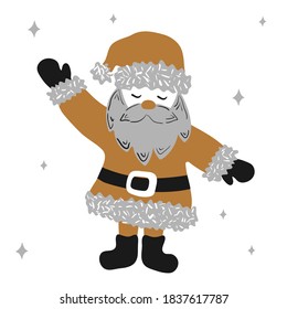 Christmas Traditional Funny Doodle Character Santa Claus welcomes with raised hand on a white background and gold, silver, black colors. Vector illustration, in scandinavian hand drawn style.