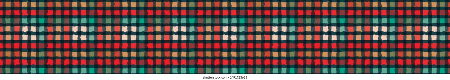 Christmas traditional gingham plaid border. Horizontal seamless tartan edging trim pattern. Red green holiday festive banner. Vector washi tape