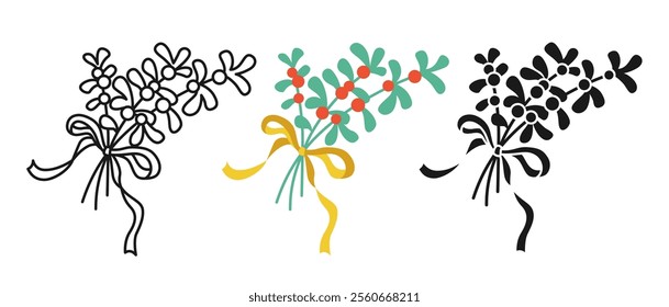 Christmas traditional hanging mistletoe bouquet with bow icon set. Graphic design symbol New year. Tradition sign Xmas plant illustration for winter holidays simple isolated cartoon vector art