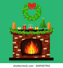 Christmas traditional home brick fireplace. Decorated with ornaments, lights  and presents. Open fire. Vector illustration flat.