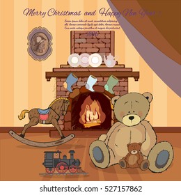 Christmas traditional indoor scene, decorated room, Christmas tree, gifts and toys by a fireplace, vector illustration.