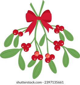 Christmas traditional mistletoe bouquet with red bow isolated on white background, plant illustration for winter holidays design.