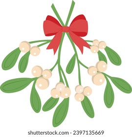 Christmas traditional mistletoe bouquet with red bow isolated on white background, plant illustration for winter holidays design.