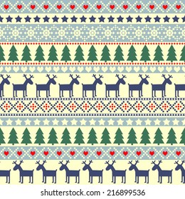 Christmas traditional ornamental knitted pattern. Vector illustration. Cute seamless background for winter holidays.