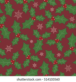 Christmas traditional pattern featuring Holly Berry sprigs along with snowflakes on a dark red background. Vector seamless repeat with isolated elements. 