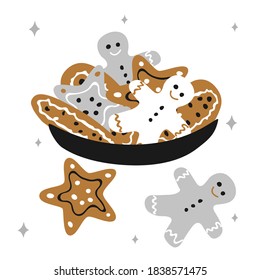 Christmas traditional plate with gingerbread men and cookies stars on a white background with snowflakes in scandinavian hand drawn style. Vector illustration, square format. Suitable for a greeting