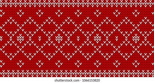 Christmas traditional seamless winter pattern. Red and white knitted geometric background. Vector illustration