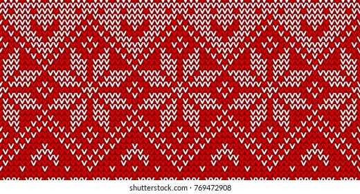 Christmas traditional seamless winter pattern. Red and white knitted geometric background. Vector illustration