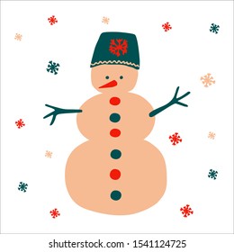 Christmas traditional snowman in a beautiful hat on a white background with snowflakes in scandinavian hand drawn style. Vector illustration, simple object, square format. Suitable for social media.