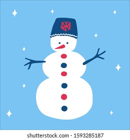 Christmas traditional snowman in a beautiful hat on a blue background with snowflakes in scandinavian doodle style. Vector illustration, simple object, square format. Suitable for social media.