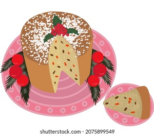 Christmas traditional sweet bread cake Panettone.Italian christmas panettone cake. Traditional sweet bread. Colorful cartoon style illustration for cafe, bakery, restaurant menu or logo and label.