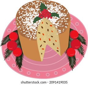 Christmas traditional sweet bread cake Panettone.Italian Christmas cake panettone. Traditional sweet bread. Colorful cartoon-style illustration for a cafe, bakery, restaurant menu or logo and label.