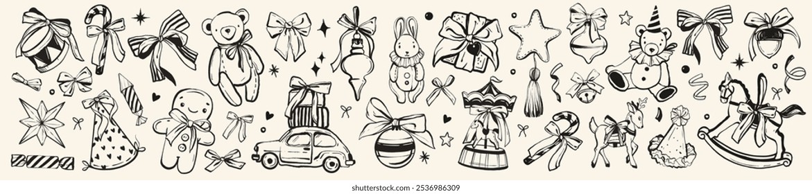 Conjunto de juguetes vintage tradicionales de Navidades, Vector dibujado a mano Nuevo año niños presentes garabatos, oso de peluche. Festiva retro caballo de bebé, coche de los regalos, arco de la cinta, estrella sagrada del invierno, sombrero del partido. Navidades de decoración de juguetes