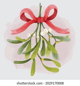 Christmas traditional watercolor hanging mistletoe bouquet with red bow