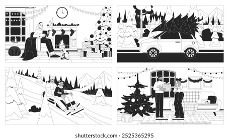 Christmas traditions black and white line illustrations set. Sledding outdoors. Xmas tree. Giving gifts 2D characters monochrome backgrounds. Reading book fireplace outline scenes vector collection