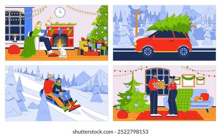 Christmas traditions cartoon flat illustrations set. Sledding outdoors. Xmas tree. Giving gifts 2D characters colorful backgrounds. Reading book fireplace scenes vector storytelling images collection